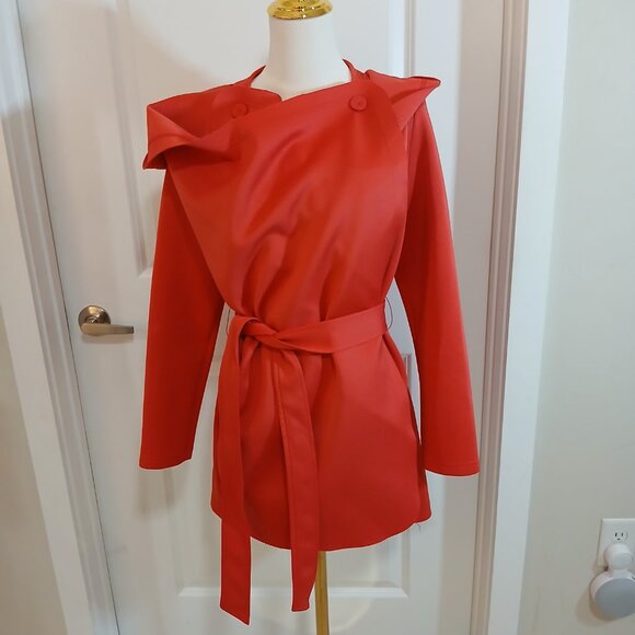 Akira Chicago Black Label Hooded Wrap Coat Jacket Women's Size M Red Belted - Picture 4 of 11